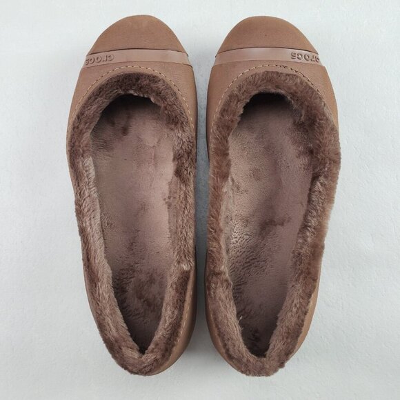Crocs Nanook Faux Fur Flat Womens 8 Brown Slip On Comfort Shoe Lined Cap Toe - Picture 7 of 9